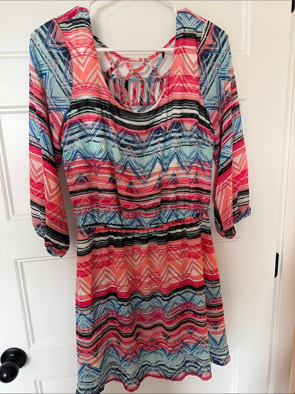 Women's Pink & Blue Printed Peasant Tunic Dress